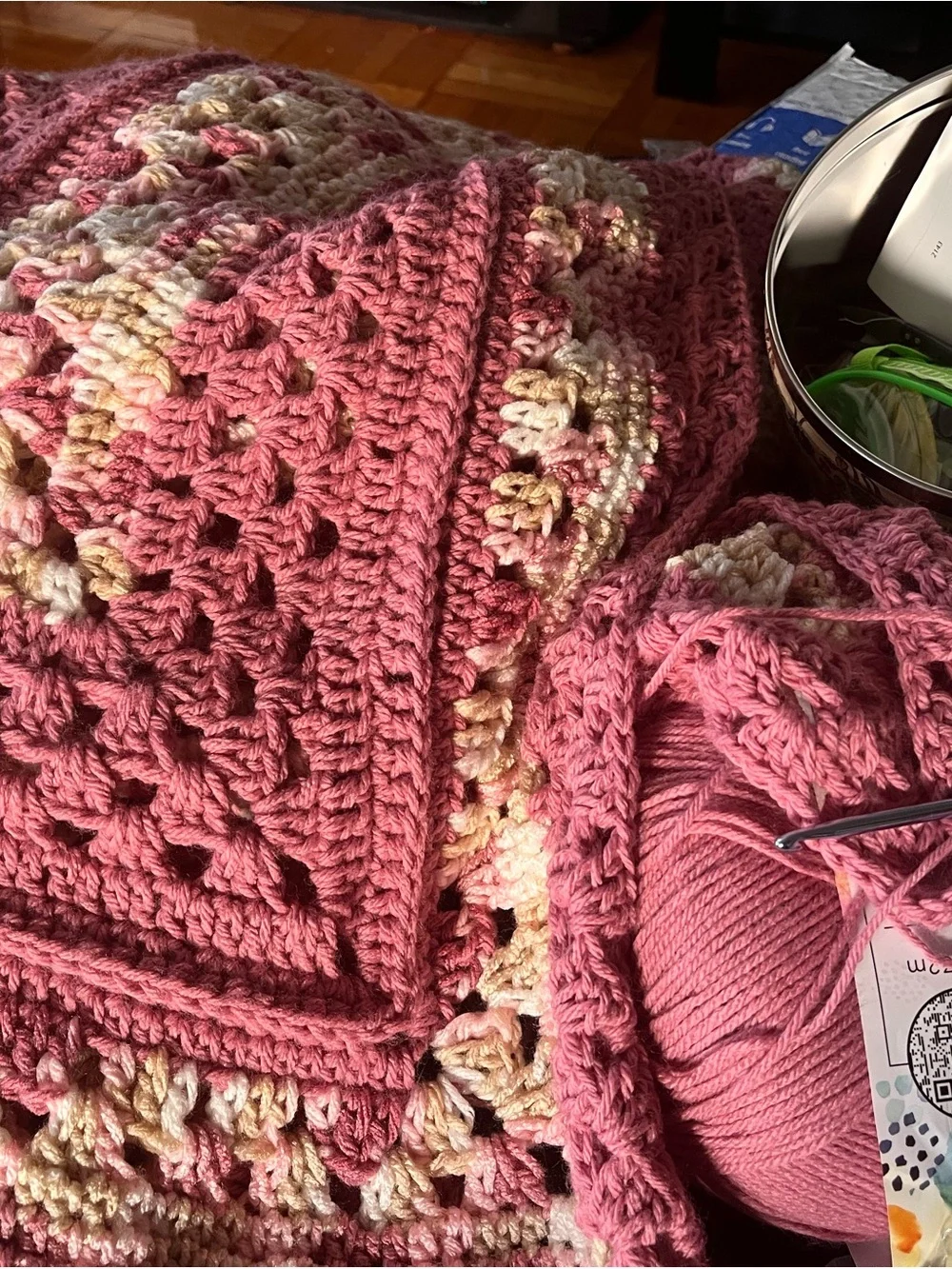 NWT Handcrafted Artisan Oversized Crochet Hexagon Afghan Blanket 86” dusty rose